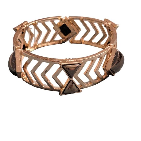 Chevron Gold Tone Costume Jewelry Cut Out Bracelet Smoke Gemstones Adjustable - Picture 6 of 13